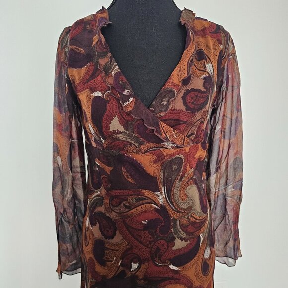 Women's Paisley Print Ruffled V-Neck Long Sleeve Below the knee Dress, Size M/L - Picture 3 of 13